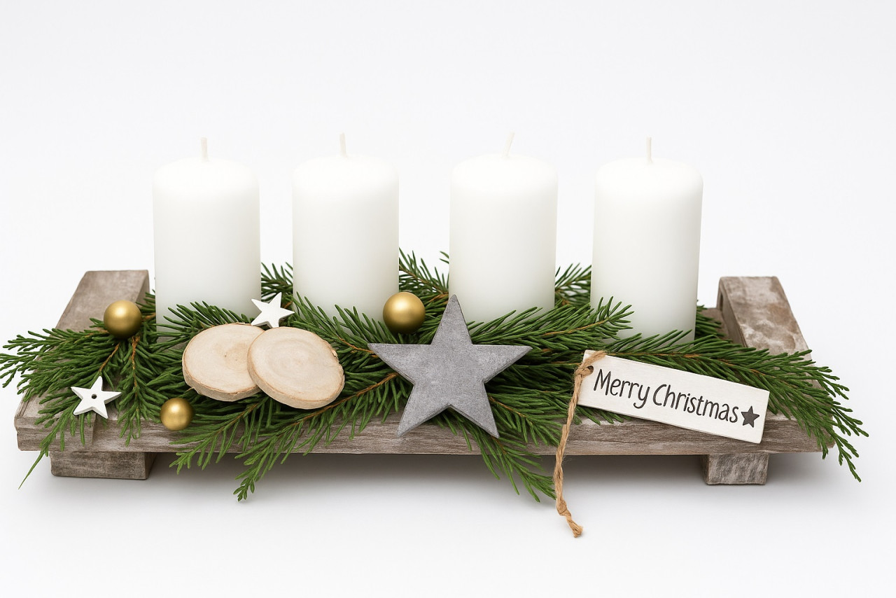 Adventsgesteck mit weißen Kerzen L 40 x B 14 cm von Pflanzen