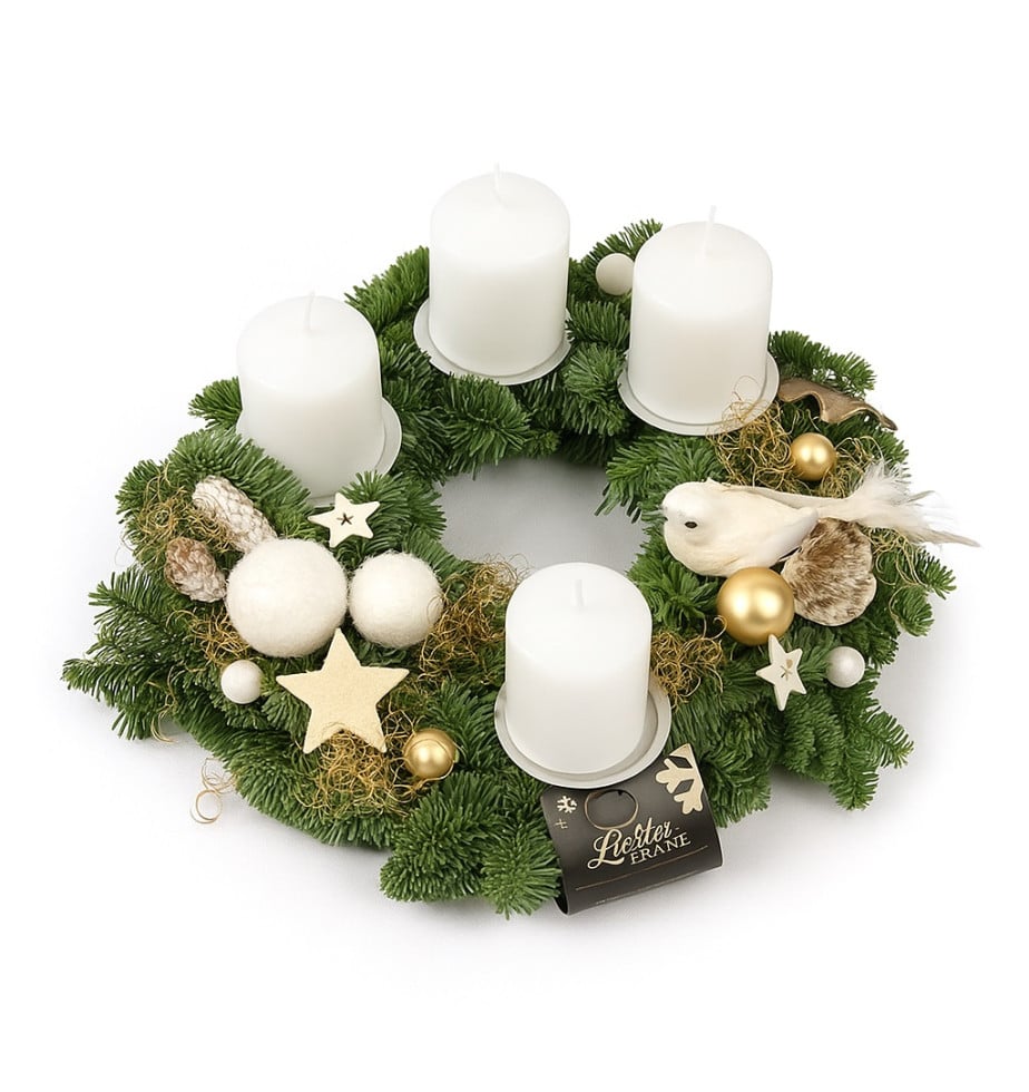 Adventskranz mit 4 Kerzen Ø 30 cm Merry Christmas Glitterbird weiß von Pflanzen