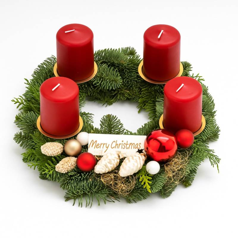 Adventskranz mit 4 Kerzen Ø 30 cm Merry Christmas weinrot Adventskranz mit 4 Kerzen Ø 30 cm Merry Christmas weinrot von Pflanzen