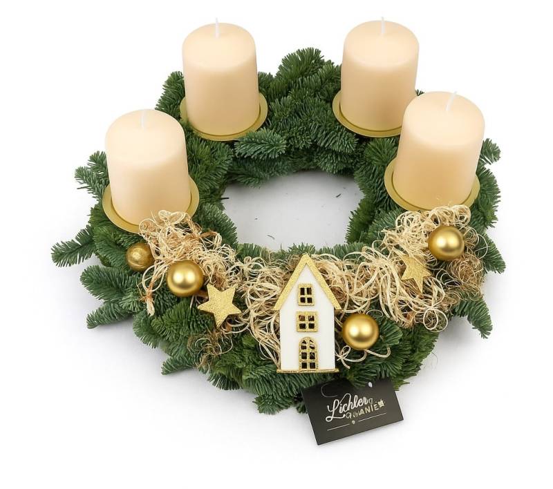 Adventskranz mit 4 Kerzen Ø 30 cm X-MAS Holzhaus creme von Pflanzen