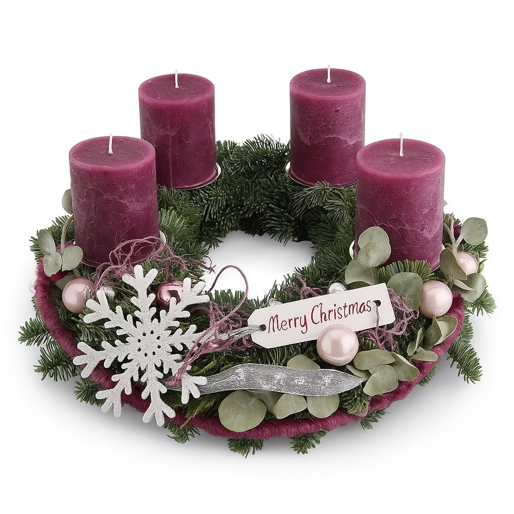 Adventskranz mit 4 Kerzen Ø 40 cm Merry Christmas weinrot von Pflanzen