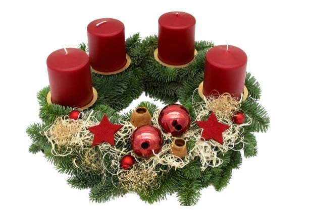 Adventskranz mit Kugeln mit altroten Kerzen Ø 30 cm von Pflanzen