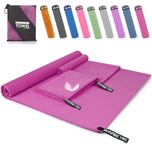 Pfloge® Mikrofaser Handtuch 3er Set, 180x80cm Microfaser Handtücher Groß+ 2 Stück 80x40cm Klein Fitness Handtuch, Farbecht Mikrofaser Badetuch, für Fitness, Sauna,Strand, Reise(Rosenrot) von Pfloge