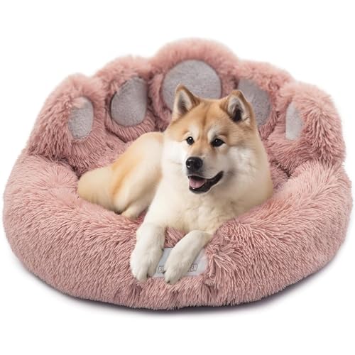 Pfoten&Nasen Hundebett Bärenpfote - Das Original - waschbar Hundekissen, Hundekorb, Flauschiges Hundebett für große, mittelgroße & kleine Hund (Rosa, S-65 cm) von Pfoten&Nasen