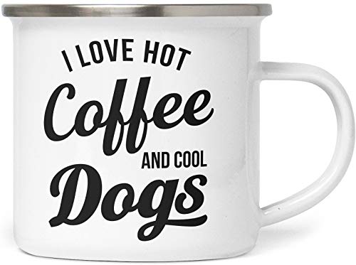 Emaille Tasse mit Spruch - I love hot coffee and cool dogs - Metalltasse für Hundefreunde - Kaffeebecher mit Hundespruch - persönliche Geschenkidee von PfotenSchild