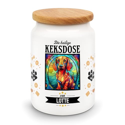 Große Leckerlidose als Heilige Keksdose für Hunde gestalten - personalisiert mit Namen und Buntglas-Motiv (50 Hunderassen zur Wahl) - hygienische und praktische Aufbewahrung - für Hundebesitzer von PfotenSchild