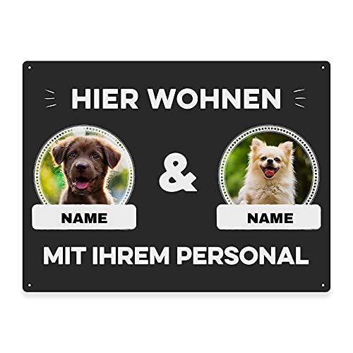Hunde Schild personalisiert - Hier wohnt mit Personal - Metallschild mit Foto und Name für außen, wetterfestes Türschild für Hundebesitzer - DIN A5-21 x 15 cm, zwei Tiere, anthrazit von PfotenSchild