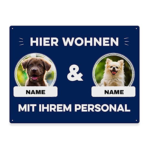 Hunde Schild personalisiert - Hier wohnt mit Personal - Metallschild mit Foto und Name für außen, wetterfestes Türschild für Hundebesitzer - DIN A5-21 x 15 cm, Zwei Tiere, blau von PfotenSchild