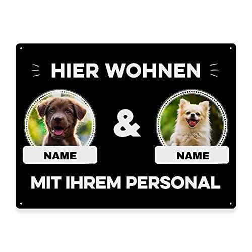 Hunde Schild personalisiert - Hier wohnt mit Personal - Metallschild mit Foto und Name für außen, wetterfestes Türschild für Hundebesitzer - DIN A5-21 x 15 cm, zwei Tiere, schwarz von PfotenSchild