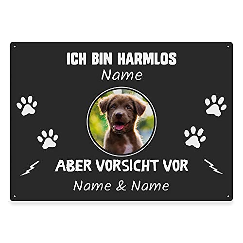 Hunde Schild personalisiert - Ich bin harmlos, aber Vorsicht vor - Metallschild mit Foto und Name für außen, wetterfestes Türschild für Hundebesitzer - ca. DIN A4-28 x 20 cm, ein Tier, anthrazit von PfotenSchild
