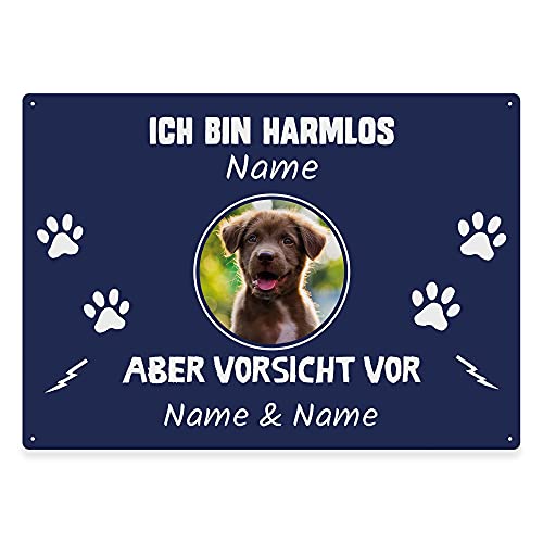Hunde Schild personalisiert - Ich bin harmlos, aber Vorsicht vor - Metallschild mit Foto und Name für außen, wetterfestes Türschild für Hundebesitzer - ca. DIN A4-28 x 20 cm, ein Tier, blau von PfotenSchild
