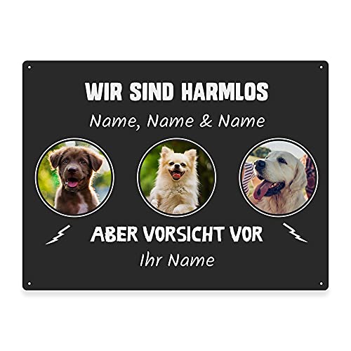 Hunde Schild personalisiert - Ich bin harmlos, aber Vorsicht vor - Metallschild mit Foto und Name für außen, wetterfestes Türschild für Hundebesitzer - DIN A5-21 x 15 cm, drei Tiere, anthrazit von PfotenSchild