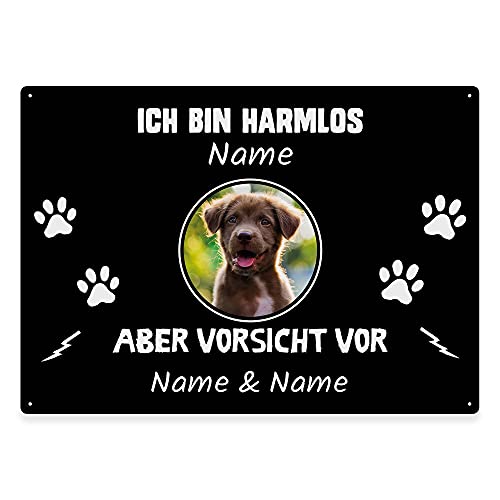 Hunde Schild personalisiert - Ich bin harmlos, aber Vorsicht vor - Metallschild mit Foto und Name für außen, wetterfestes Türschild für Hundebesitzer - ca. DIN A4-28 x 20 cm, ein Tier, schwarz von PfotenSchild