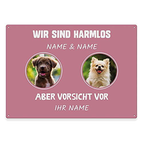 Hunde Schild personalisiert - Ich bin harmlos, aber Vorsicht vor - Metallschild mit Foto und Name für außen, wetterfestes Türschild für Hundebesitzer - ca. DIN A4-28 x 20 cm, zwei Tiere, rosa von PfotenSchild