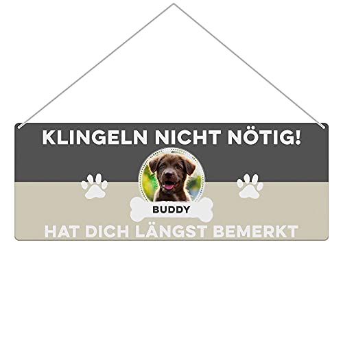 Hunde Schild personalisiert - Klingeln Nicht Nötig - Metallschild mit Foto und Name für außen, wetterfestes Türschild für Hundebesitzer - Outdoor Querformat 24x9 cm, Hund, Anthrazit von PfotenSchild