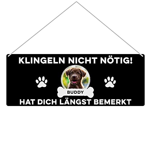 Hunde Schild personalisiert - Klingeln Nicht Nötig - Metallschild mit Foto und Name für außen, wetterfestes Türschild für Hundebesitzer - Outdoor Querformat 24x9 cm, Hund, Schwarz von PfotenSchild