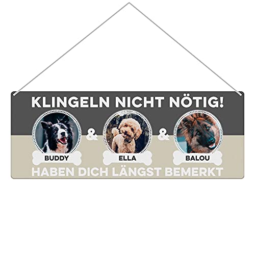 Hunde Schild personalisiert - Klingeln Nicht Nötig - Metallschild mit Fotos und Namen für außen, wetterfestes Türschild für Hundebesitzer - Outdoor Querformat 24x9 cm, drei Hunde, Anthrazit von PfotenSchild