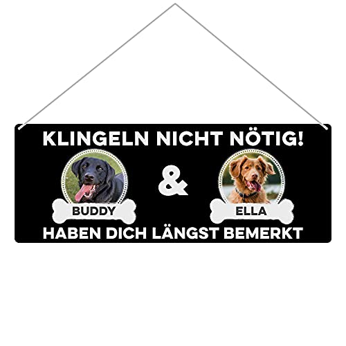 Hunde Schild personalisiert - Klingeln Nicht Nötig - Metallschild mit Fotos und Namen für außen, wetterfestes Türschild für Hundebesitzer - Outdoor Querformat 24x9 cm, zwei Hunde, Schwarz von PfotenSchild
