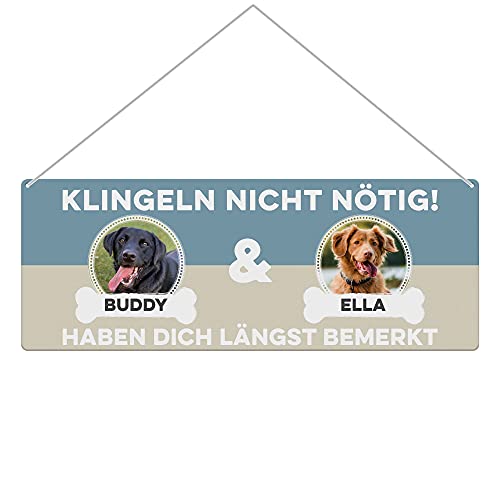 Hunde Schild personalisiert - Klingeln Nicht Nötig - Metallschild mit Fotos und Namen für außen, wetterfestes Türschild für Hundebesitzer - Outdoor Querformat 24x9 cm, zwei Hunde, Blau von PfotenSchild