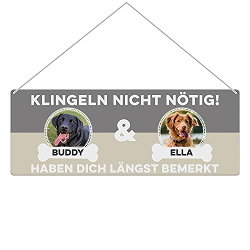 Hunde Schild personalisiert - Klingeln Nicht Nötig - Metallschild mit Fotos und Namen für außen, wetterfestes Türschild für Hundebesitzer - Outdoor Querformat 24x9 cm, zwei Hunde, Grau von PfotenSchild