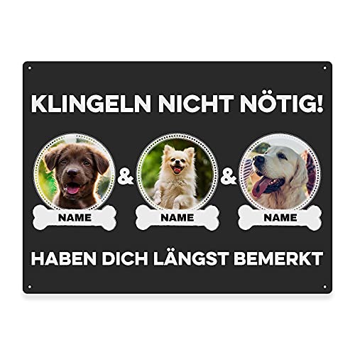 Hunde Schild personalisiert - Klingeln nicht nötig - Metallschild mit Foto und Name für außen, wetterfestes Türschild für Hundebesitzer - DIN A5-21 x 15 cm, drei Tiere, anthrazit von PfotenSchild
