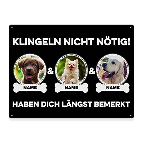 Hunde Schild personalisiert - Klingeln nicht nötig - Metallschild mit Foto und Name für außen, wetterfestes Türschild für Hundebesitzer - DIN A5-21 x 15 cm, drei Tiere, schwarz von PfotenSchild