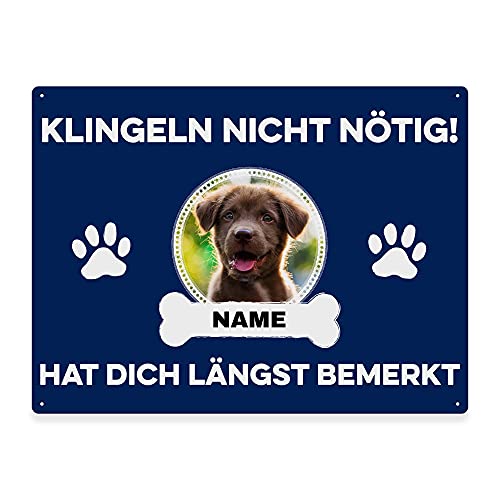 Hunde Schild personalisiert - Klingeln nicht nötig - Metallschild mit Foto und Name für außen, wetterfestes Türschild für Hundebesitzer - DIN A5-21 x 15 cm, ein Tier, blau von PfotenSchild