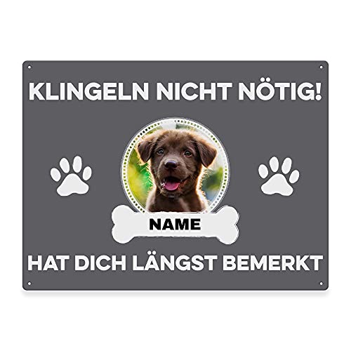 Hunde Schild personalisiert - Klingeln nicht nötig - Metallschild mit Foto und Name für außen, wetterfestes Türschild für Hundebesitzer - DIN A5-21 x 15 cm, ein Tier, grau von PfotenSchild