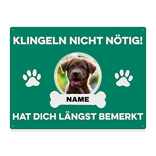 Hunde Schild personalisiert - Klingeln nicht nötig - Metallschild mit Foto und Name für außen, wetterfestes Türschild für Hundebesitzer - DIN A5-21 x 15 cm, ein Tier, grün von PfotenSchild