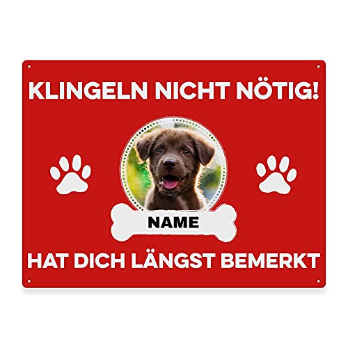 Hunde Schild personalisiert - Klingeln nicht nötig - Metallschild mit Foto und Name für außen, wetterfestes Türschild für Hundebesitzer - DIN A5-21 x 15 cm, ein Tier, rot von PfotenSchild