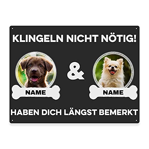 Hunde Schild personalisiert - Klingeln nicht nötig - Metallschild mit Foto und Name für außen, wetterfestes Türschild für Hundebesitzer - DIN A5-21 x 15 cm, zwei Tiere, anthrazit von PfotenSchild