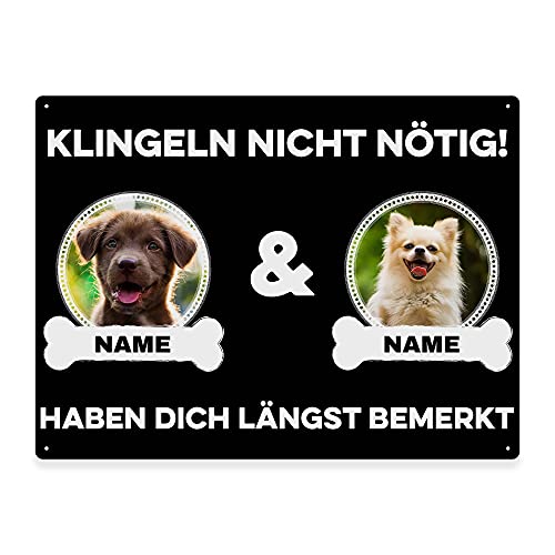 Hunde Schild personalisiert - Klingeln nicht nötig - Metallschild mit Foto und Name für außen, wetterfestes Türschild für Hundebesitzer - DIN A5-21 x 15 cm, zwei Tiere, schwarz von PfotenSchild