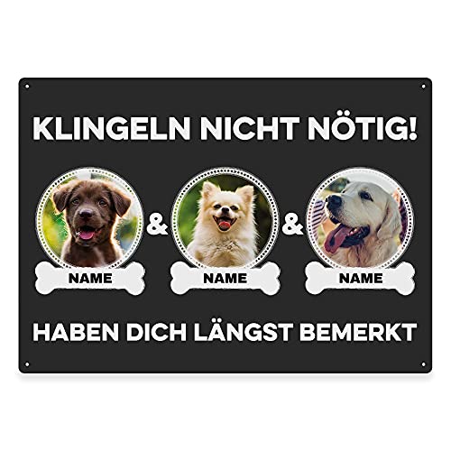 Hunde Schild personalisiert - Klingeln nicht nötig - Metallschild mit Foto und Name für außen, wetterfestes Türschild für Hundebesitzer - ca. DIN A4-28 x 20 cm, drei Tiere, anthrazit von PfotenSchild