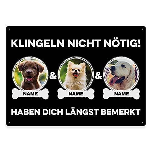 Hunde Schild personalisiert - Klingeln nicht nötig - Metallschild mit Foto und Name für außen, wetterfestes Türschild für Hundebesitzer - ca. DIN A4-28 x 20 cm, drei Tiere, schwarz von PfotenSchild