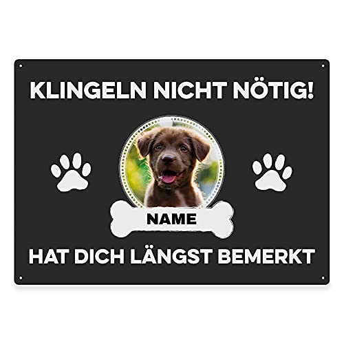 Hunde Schild personalisiert - Klingeln nicht nötig - Metallschild mit Foto und Name für außen, wetterfestes Türschild für Hundebesitzer - ca. DIN A4-28 x 20 cm, ein Tier, anthrazit von PfotenSchild