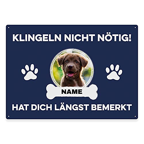 Hunde Schild personalisiert - Klingeln nicht nötig - Metallschild mit Foto und Name für außen, wetterfestes Türschild für Hundebesitzer - ca. DIN A4-28 x 20 cm, ein Tier, blau von PfotenSchild