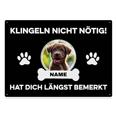 Hunde Schild personalisiert - Klingeln nicht nötig - Metallschild mit Foto und Name für außen, wetterfestes Türschild für Hundebesitzer - ca. DIN A4-28 x 20 cm, ein Tier, schwarz von PfotenSchild