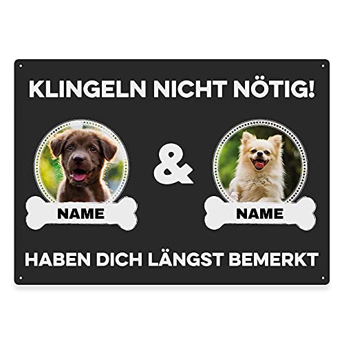 Hunde Schild personalisiert - Klingeln nicht nötig - Metallschild mit Foto und Name für außen, wetterfestes Türschild für Hundebesitzer - ca. DIN A4-28 x 20 cm, zwei Tiere, anthrazit von PfotenSchild