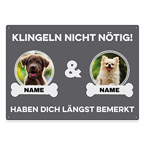 Hunde Schild personalisiert - Klingeln nicht nötig - Metallschild mit Foto und Name für außen, wetterfestes Türschild für Hundebesitzer - ca. DIN A4-28 x 20 cm, zwei Tiere, grau von PfotenSchild