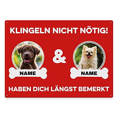 Hunde Schild personalisiert - Klingeln nicht nötig - Metallschild mit Foto und Name für außen, wetterfestes Türschild für Hundebesitzer - ca. DIN A4-28 x 20 cm, zwei Tiere, rot von PfotenSchild