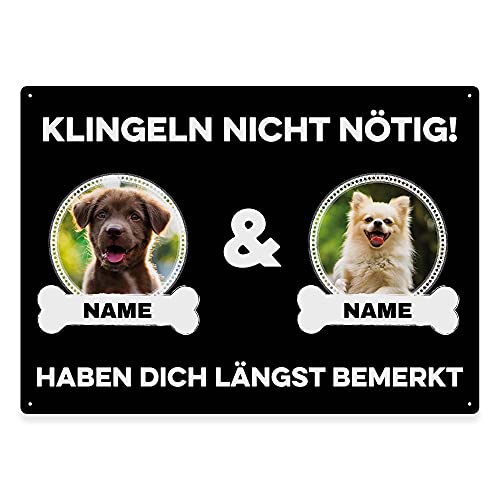 Hunde Schild personalisiert - Klingeln nicht nötig - Metallschild mit Foto und Name für außen, wetterfestes Türschild für Hundebesitzer - ca. DIN A4-28 x 20 cm, zwei Tiere, schwarz von PfotenSchild