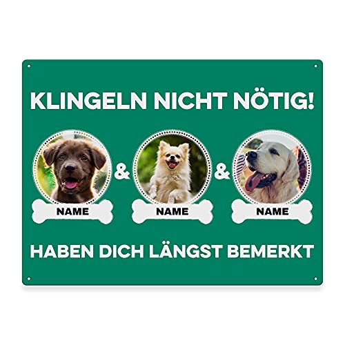 Hunde Schild personalisiert - Klingeln nicht nötig - Metallschild mit Foto und Name für außen, wetterfestes Türschild für Hundebesitzer - DIN A5-21 x 15 cm, drei Tiere, grün von PfotenSchild