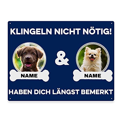 Hunde Schild personalisiert - Klingeln nicht nötig - Metallschild mit Foto und Name für außen, wetterfestes Türschild für Hundebesitzer - DIN A5-21 x 15 cm, zwei Tiere, blau von PfotenSchild