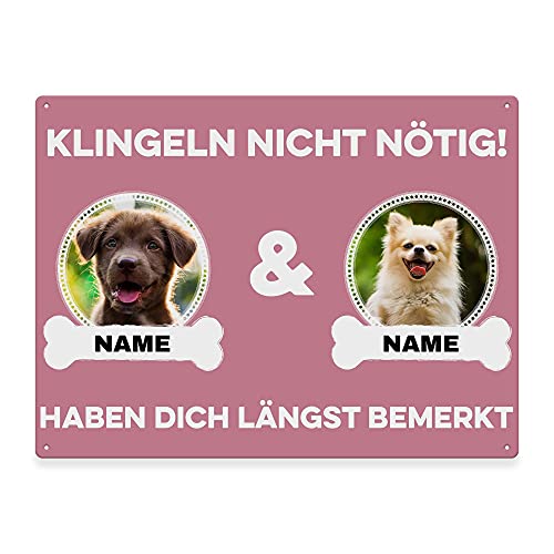 Hunde Schild personalisiert - Klingeln nicht nötig - Metallschild mit Foto und Name für außen, wetterfestes Türschild für Hundebesitzer - DIN A5-21 x 15 cm, zwei Tiere, rosa von PfotenSchild