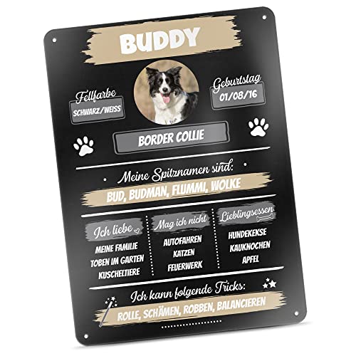 Hunde-Schild personalisiert - Metall-Poster Hunde-Steckbrief mit Foto & Name selbst gestalten - Lustiges Geschenk für Hundebesitzer, Vierbeiner - Blech-Schild A4, 21x30 cm von PfotenSchild