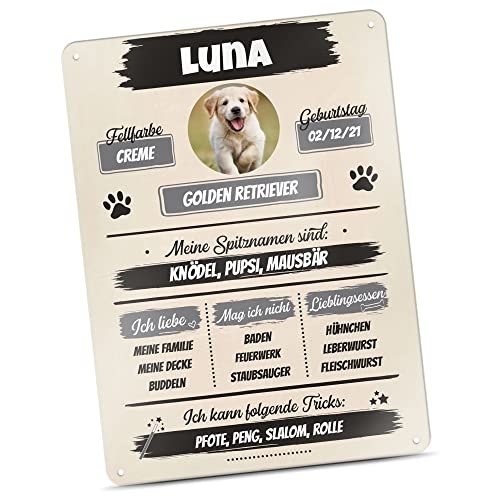 Hunde-Schild personalisiert - Metall-Poster Hunde-Steckbrief mit Foto & Name selbst gestalten - Lustiges Geschenk für Hundebesitzer, Vierbeiner - Blech-Schild A4, 21x30 cm von PfotenSchild