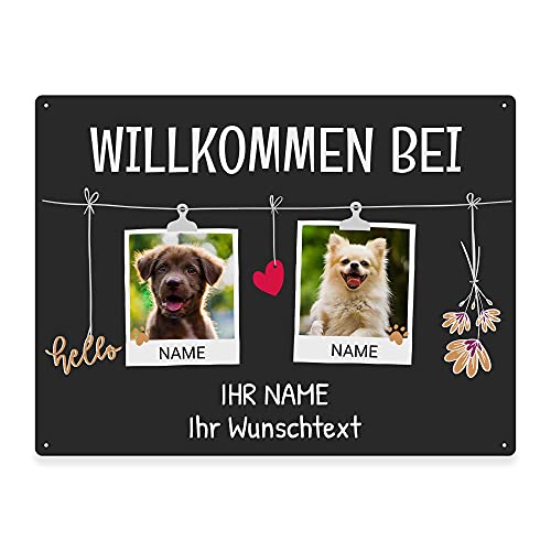 Hunde Schild personalisiert - Willkommen bei - Metallschild mit Foto und Name für außen, wetterfestes Türschild für Hundebesitzer - DIN A5-21 x 15 cm, zwei Tiere, anthrazit von PfotenSchild