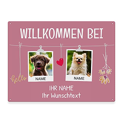 Hunde Schild personalisiert - Willkommen bei - Metallschild mit Foto und Name für außen, wetterfestes Türschild für Hundebesitzer - DIN A5-21 x 15 cm, zwei Tiere, rosa von PfotenSchild