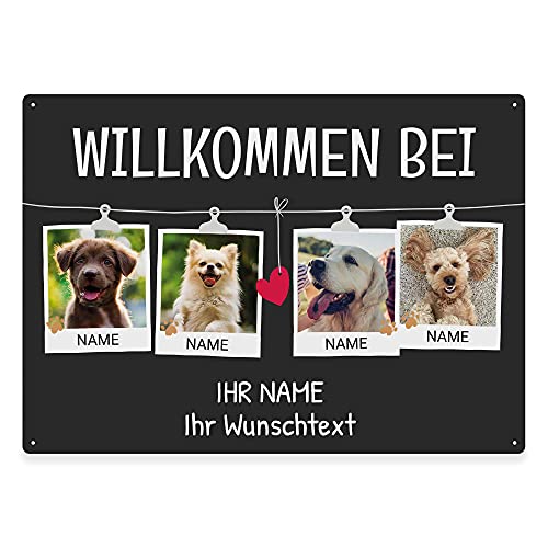 Hunde Schild personalisiert - Willkommen bei - Metallschild mit Foto und Name für außen, wetterfestes Türschild für Hundebesitzer - ca. DIN A4-28 x 20 cm, vier Tiere, anthrazit von PfotenSchild