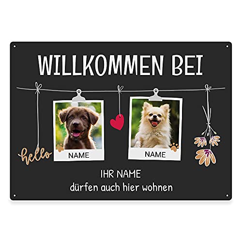 Hunde Schild personalisiert - Willkommen bei - Metallschild mit Foto und Name für außen, wetterfestes Türschild für Hundebesitzer - ca. DIN A4-28 x 20 cm, zwei Tiere, anthrazit von PfotenSchild